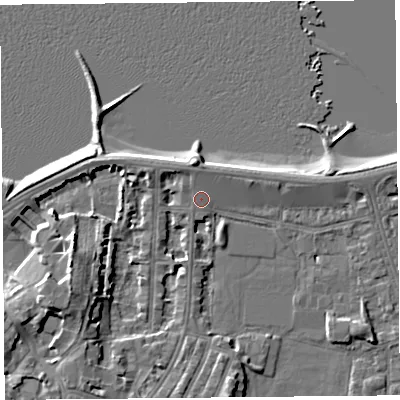 Shaded relief map of the ground around LA45PB, computed from Environment Agency LiDAR. The ground here sits at about 6 m above sea level and falls 9 m across the surrounding 800 m. Surface water reaching this point runs off ground lying to the north-north-west, 1.1 m higher.