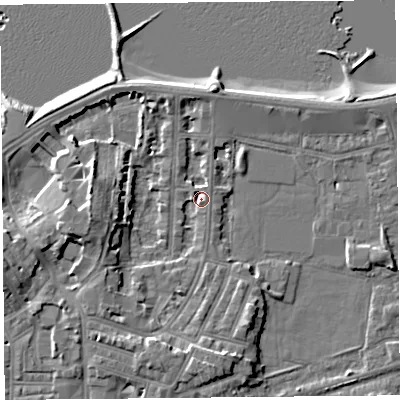 Shaded relief map of the ground around LA45PD, computed from Environment Agency LiDAR. The ground here sits at about 6 m above sea level and falls 9 m across the surrounding 800 m. Surface water reaching this point runs off ground lying to the west, 6.6 m higher.