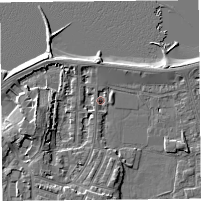 Shaded relief map of the ground around LA45PE, computed from Environment Agency LiDAR. The ground here sits at about 6 m above sea level and falls 9 m across the surrounding 800 m. Surface water reaching this point runs off ground lying to the south-west, 1.7 m higher.