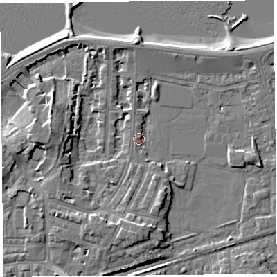 Shaded relief map of the ground around LA45PF, computed from Environment Agency LiDAR. The ground here sits at about 6 m above sea level and falls 9 m across the surrounding 800 m. Surface water reaching this point runs off ground lying to the west, 6.6 m higher.