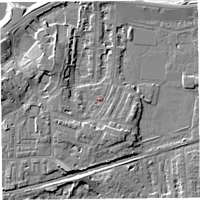 Shaded relief map of the ground around LA45PG, computed from Environment Agency LiDAR. The ground here sits at about 8 m above sea level and falls 9 m across the surrounding 800 m. Surface water reaching this point runs off ground lying to the south-south-east, 3.9 m higher.