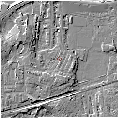 Shaded relief map of the ground around LA45PJ, computed from Environment Agency LiDAR. The ground here sits at about 7 m above sea level and falls 8 m across the surrounding 800 m. Surface water reaching this point runs off ground lying to the south, 4.1 m higher.