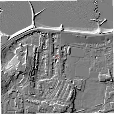 Shaded relief map of the ground around LA45PN, computed from Environment Agency LiDAR. The ground here sits at about 5 m above sea level and falls 9 m across the surrounding 800 m. Surface water reaching this point runs off ground lying to the west-south-west, 6.6 m higher.