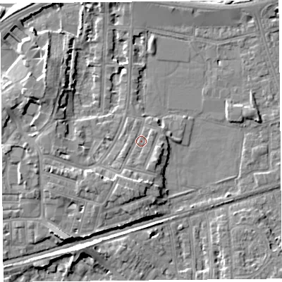 Shaded relief map of the ground around LA45PP, computed from Environment Agency LiDAR. The ground here sits at about 7 m above sea level and falls 8 m across the surrounding 800 m. Surface water reaching this point runs off ground lying to the south-south-west, 3.4 m higher.
