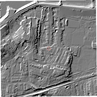 Shaded relief map of the ground around LA45PR, computed from Environment Agency LiDAR. The ground here sits at about 7 m above sea level and falls 10 m across the surrounding 800 m. Surface water reaching this point runs off ground lying to the south, 3.7 m higher.
