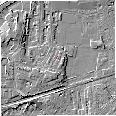 Shaded relief map of the ground around LA45PS, computed from Environment Agency LiDAR. The ground here sits at about 7 m above sea level and falls 8 m across the surrounding 800 m. Surface water reaching this point runs off ground lying to the south-south-east, 1.8 m higher.