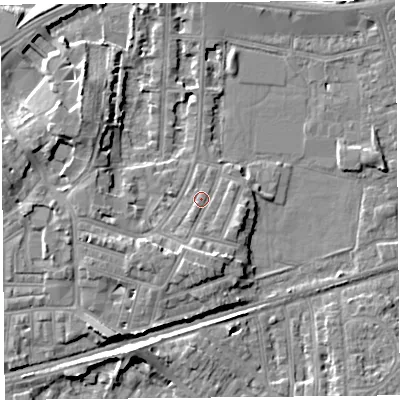 Shaded relief map of the ground around LA45PW, computed from Environment Agency LiDAR. The ground here sits at about 7 m above sea level and falls 8 m across the surrounding 800 m. Surface water reaching this point runs off ground lying to the south-south-west, 1.6 m higher.