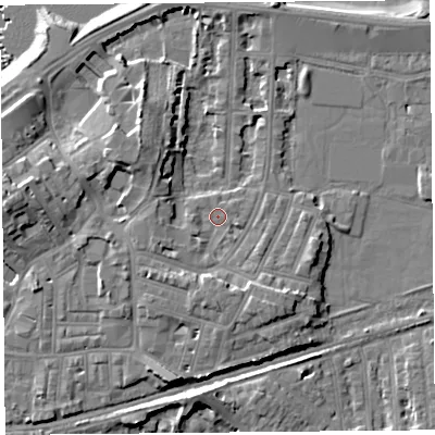 Shaded relief map of the ground around LA45PX, computed from Environment Agency LiDAR. The ground here sits at about 7 m above sea level and falls 10 m across the surrounding 800 m. Surface water reaching this point runs off ground lying to the south, 3.7 m higher.