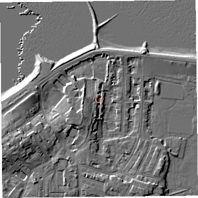 Shaded relief map of the ground around LA45QB, computed from Environment Agency LiDAR. The ground here sits at about 6 m above sea level and falls 10 m across the surrounding 800 m. Surface water reaching this point runs off ground lying to the south, 5.5 m higher.