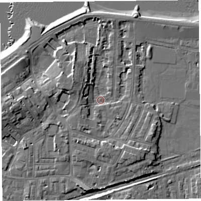 Shaded relief map of the ground around LA45QD, computed from Environment Agency LiDAR. The ground here sits at about 6 m above sea level and falls 10 m across the surrounding 800 m. Surface water reaching this point runs off ground lying to the south, 5.1 m higher.