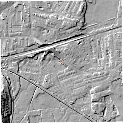 Shaded relief map of the ground around LA45QJ, computed from Environment Agency LiDAR. The ground here sits at about 6 m above sea level and falls 13 m across the surrounding 800 m. Surface water reaching this point runs off ground lying to the north-west, 6.7 m higher.