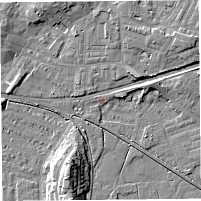 Shaded relief map of the ground around LA45QS, computed from Environment Agency LiDAR. The ground here sits at about 6 m above sea level and falls 13 m across the surrounding 800 m. Surface water reaching this point runs off ground lying to the east, 4.6 m higher.