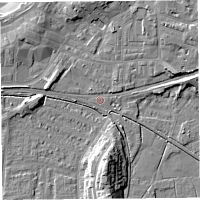 Shaded relief map of the ground around LA45QT, computed from Environment Agency LiDAR. The ground here sits at about 6 m above sea level and falls 15 m across the surrounding 800 m. Surface water reaching this point runs off ground lying to the north-east, 2.3 m higher.