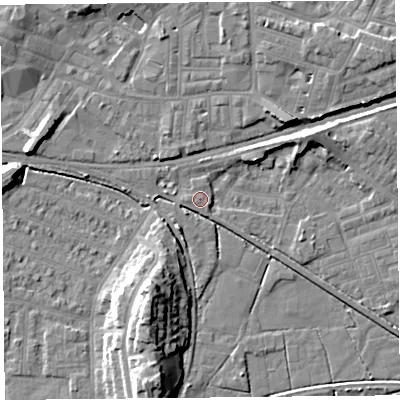 Shaded relief map of the ground around LA45QU, computed from Environment Agency LiDAR. The ground here sits at about 6 m above sea level and falls 13 m across the surrounding 800 m. Surface water reaching this point runs off ground lying to the east-south-east, 2.5 m higher.