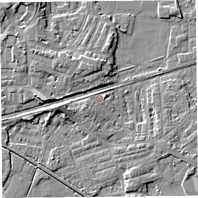 Shaded relief map of the ground around LA45RA, computed from Environment Agency LiDAR. The ground here sits at about 8 m above sea level and falls 7 m across the surrounding 800 m. Surface water reaching this point runs off ground lying to the west-south-west, 3.1 m higher.