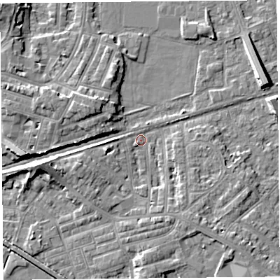 Shaded relief map of the ground around LA45RB, computed from Environment Agency LiDAR. The ground here sits at about 6 m above sea level and falls 8 m across the surrounding 800 m. Surface water reaching this point runs off ground lying to the west-south-west, 5.4 m higher.