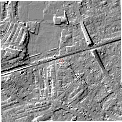 Shaded relief map of the ground around LA45RE, computed from Environment Agency LiDAR. The ground here sits at about 6 m above sea level and falls 7 m across the surrounding 800 m. Surface water reaching this point runs off ground lying to the east-north-east, 7.1 m higher.