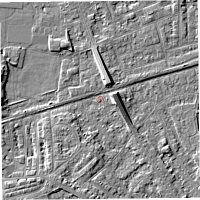 Shaded relief map of the ground around LA45RF, computed from Environment Agency LiDAR. The ground here sits at about 6 m above sea level and falls 7 m across the surrounding 800 m. Surface water reaching this point runs off ground lying to the north-north-east, 7.1 m higher.