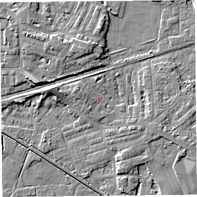 Shaded relief map of the ground around LA45RG, computed from Environment Agency LiDAR. The ground here sits at about 7 m above sea level and falls 7 m across the surrounding 800 m. Surface water reaching this point runs off ground lying to the west, 3.8 m higher.