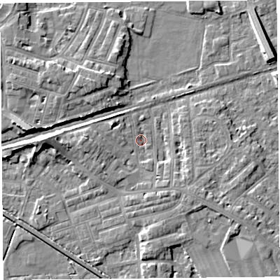Shaded relief map of the ground around LA45RH, computed from Environment Agency LiDAR. The ground here sits at about 6 m above sea level and falls 8 m across the surrounding 800 m. Surface water reaching this point runs off ground lying to the west, 5.1 m higher.