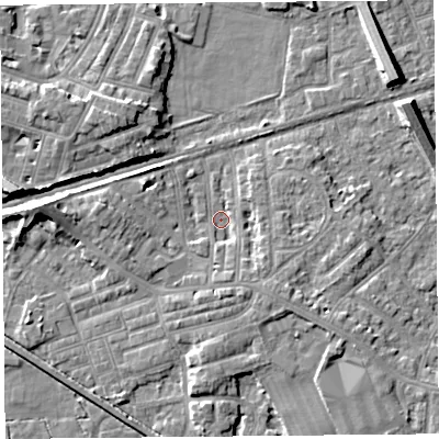 Shaded relief map of the ground around LA45RJ, computed from Environment Agency LiDAR. The ground here sits at about 5 m above sea level and falls 8 m across the surrounding 800 m. Surface water reaching this point runs off ground lying to the south-south-east, 3.0 m higher.