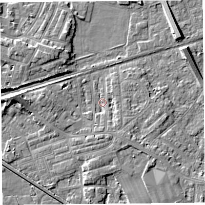 Shaded relief map of the ground around LA45RL, computed from Environment Agency LiDAR. The ground here sits at about 6 m above sea level and falls 8 m across the surrounding 800 m. Surface water reaching this point runs off ground lying to the south, 2.9 m higher.