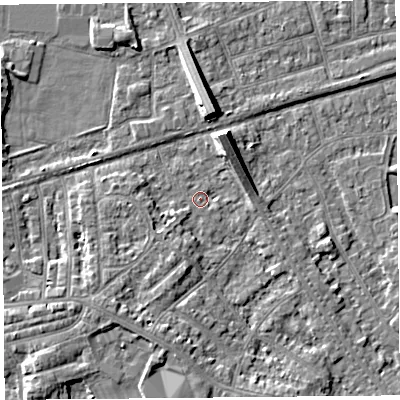 Shaded relief map of the ground around LA45RN, computed from Environment Agency LiDAR. The ground here sits at about 6 m above sea level and falls 7 m across the surrounding 800 m. Surface water reaching this point runs off ground lying to the north-north-east, 6.8 m higher.