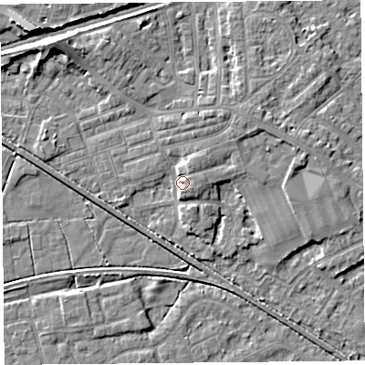 Shaded relief map of the ground around LA45SA, computed from Environment Agency LiDAR. The ground here sits at about 7 m above sea level and falls 7 m across the surrounding 800 m. Surface water reaching this point runs off ground lying to the east-south-east, 2.6 m higher.