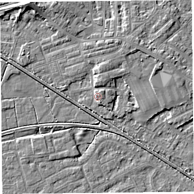 Shaded relief map of the ground around LA45SB, computed from Environment Agency LiDAR. The ground here sits at about 7 m above sea level and falls 7 m across the surrounding 800 m. Surface water reaching this point runs off ground lying to the north-east, 2.5 m higher.
