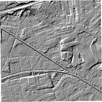 Shaded relief map of the ground around LA45SH, computed from Environment Agency LiDAR. The ground here sits at about 5 m above sea level and falls 7 m across the surrounding 800 m. Surface water reaching this point runs off ground lying to the east-north-east, 4.2 m higher.