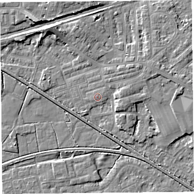 Shaded relief map of the ground around LA45SJ, computed from Environment Agency LiDAR. The ground here sits at about 6 m above sea level and falls 7 m across the surrounding 800 m. Surface water reaching this point runs off ground lying to the north-east, 1.1 m higher.