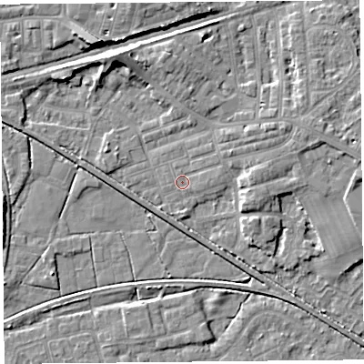 Shaded relief map of the ground around LA45SL, computed from Environment Agency LiDAR. The ground here sits at about 5 m above sea level and falls 7 m across the surrounding 800 m. Surface water reaching this point runs off ground lying to the east-north-east, 3.6 m higher.