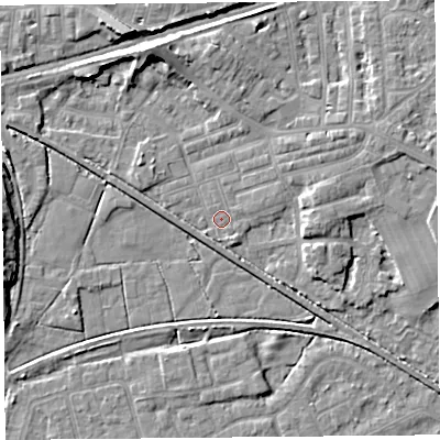 Shaded relief map of the ground around LA45SN, computed from Environment Agency LiDAR. The ground here sits at about 5 m above sea level and falls 7 m across the surrounding 800 m. Surface water reaching this point runs off ground lying to the east, 4.2 m higher.