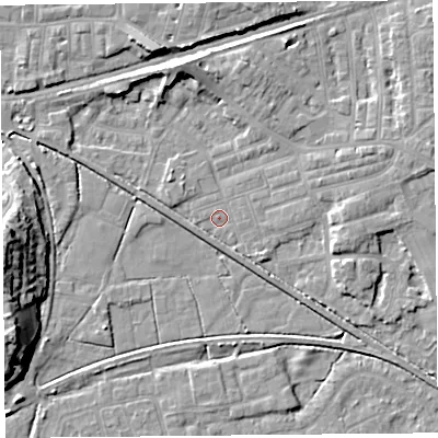 Shaded relief map of the ground around LA45SP, computed from Environment Agency LiDAR. The ground here sits at about 5 m above sea level and falls 13 m across the surrounding 800 m. Surface water reaching this point runs off ground lying to the west-south-west, 13.2 m higher.