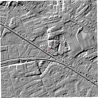 Shaded relief map of the ground around LA45SQ, computed from Environment Agency LiDAR. The ground here sits at about 5 m above sea level and falls 5 m across the surrounding 800 m. Surface water reaching this point runs off ground lying to the north-north-east, 2.6 m higher.