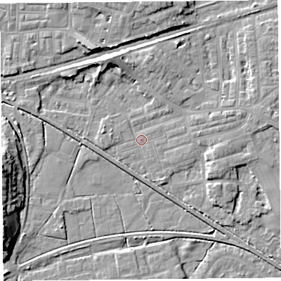 Shaded relief map of the ground around LA45SR, computed from Environment Agency LiDAR. The ground here sits at about 5 m above sea level and falls 12 m across the surrounding 800 m. Surface water reaching this point runs off ground lying to the south-west, 12.5 m higher.