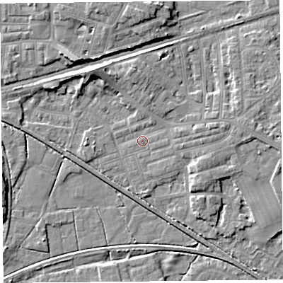 Shaded relief map of the ground around LA45SS, computed from Environment Agency LiDAR. The ground here sits at about 5 m above sea level and falls 7 m across the surrounding 800 m. Surface water reaching this point runs off ground lying to the east, 4.7 m higher.