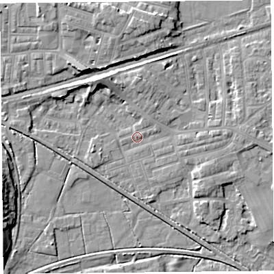 Shaded relief map of the ground around LA45ST, computed from Environment Agency LiDAR. The ground here sits at about 5 m above sea level and falls 8 m across the surrounding 800 m. Surface water reaching this point runs off ground lying to the east, 4.7 m higher.