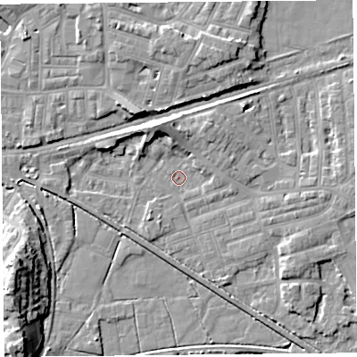Shaded relief map of the ground around LA45SU, computed from Environment Agency LiDAR. The ground here sits at about 5 m above sea level and falls 13 m across the surrounding 800 m. Surface water reaching this point runs off ground lying to the north-north-west, 6.7 m higher.