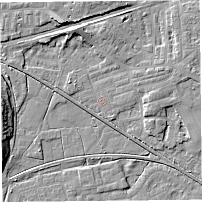 Shaded relief map of the ground around LA45SW, computed from Environment Agency LiDAR. The ground here sits at about 5 m above sea level and falls 9 m across the surrounding 800 m. Surface water reaching this point runs off ground lying to the west, 8.6 m higher.