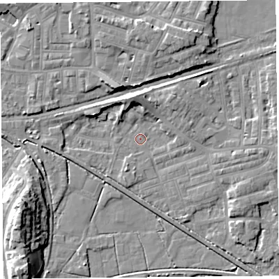 Shaded relief map of the ground around LA45SX, computed from Environment Agency LiDAR. The ground here sits at about 5 m above sea level and falls 13 m across the surrounding 800 m. Surface water reaching this point runs off ground lying to the north, 6.7 m higher.