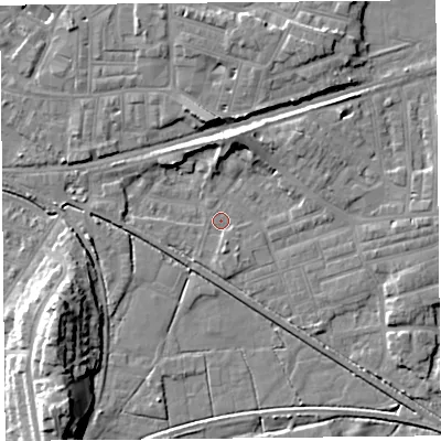 Shaded relief map of the ground around LA45SY, computed from Environment Agency LiDAR. The ground here sits at about 5 m above sea level and falls 13 m across the surrounding 800 m. Surface water reaching this point runs off ground lying to the north, 6.7 m higher.