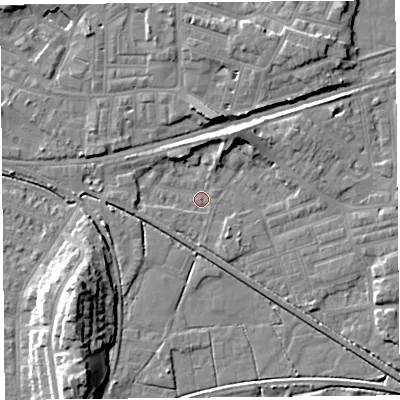 Shaded relief map of the ground around LA45SZ, computed from Environment Agency LiDAR. The ground here sits at about 5 m above sea level and falls 13 m across the surrounding 800 m. Surface water reaching this point runs off ground lying to the south-east, 2.5 m higher.