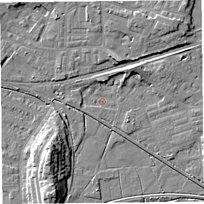 Shaded relief map of the ground around LA45TA, computed from Environment Agency LiDAR. The ground here sits at about 4 m above sea level and falls 13 m across the surrounding 800 m. Surface water reaching this point runs off ground lying to the south-east, 2.5 m higher.