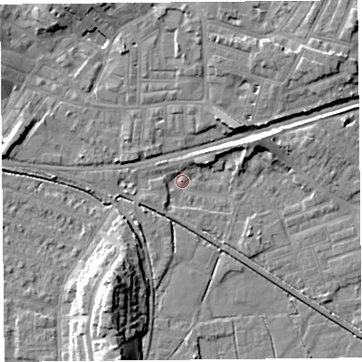 Shaded relief map of the ground around LA45TB, computed from Environment Agency LiDAR. The ground here sits at about 5 m above sea level and falls 13 m across the surrounding 800 m. Surface water reaching this point runs off ground lying to the north-east, 4.6 m higher.