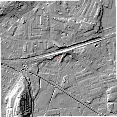 Shaded relief map of the ground around LA45TD, computed from Environment Agency LiDAR. The ground here sits at about 5 m above sea level and falls 13 m across the surrounding 800 m. Surface water reaching this point runs off ground lying to the north-east, 5.4 m higher.
