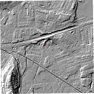 Shaded relief map of the ground around LA45TE, computed from Environment Agency LiDAR. The ground here sits at about 5 m above sea level and falls 13 m across the surrounding 800 m. Surface water reaching this point runs off ground lying to the north, 5.4 m higher.