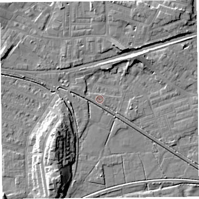 Shaded relief map of the ground around LA45TF, computed from Environment Agency LiDAR. The ground here sits at about 5 m above sea level and falls 13 m across the surrounding 800 m. Surface water reaching this point runs off ground lying to the south-south-east, 1.3 m higher.