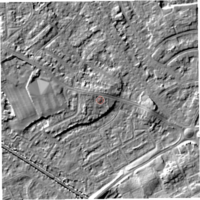 Shaded relief map of the ground around LA45TN, computed from Environment Agency LiDAR. The ground here sits at about 8 m above sea level and falls 7 m across the surrounding 800 m. Surface water reaching this point runs off ground lying to the north-west, 0.7 m higher.