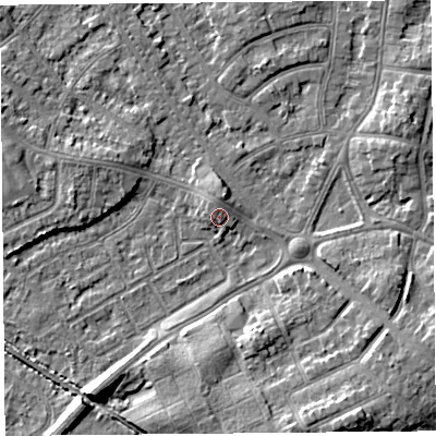 Shaded relief map of the ground around LA45TP, computed from Environment Agency LiDAR. The ground here sits at about 7 m above sea level and falls 8 m across the surrounding 800 m. Surface water reaching this point runs off ground lying to the north-north-west, 1.8 m higher.